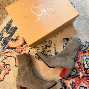 Nordstrom Gray Suede Block Heel Ankle Boots with Red Heel Accent